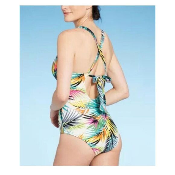 Shade and Shore Deep Plunge Tropical Palm One Piece Swimsuit Size Small New - Picture 2 of 4